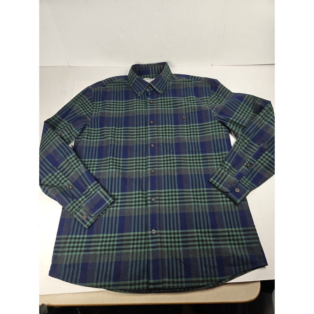Men's Orvis Big Bear Blue‎ Green Plaid Flannel Long Sleeve Button Up Size M
